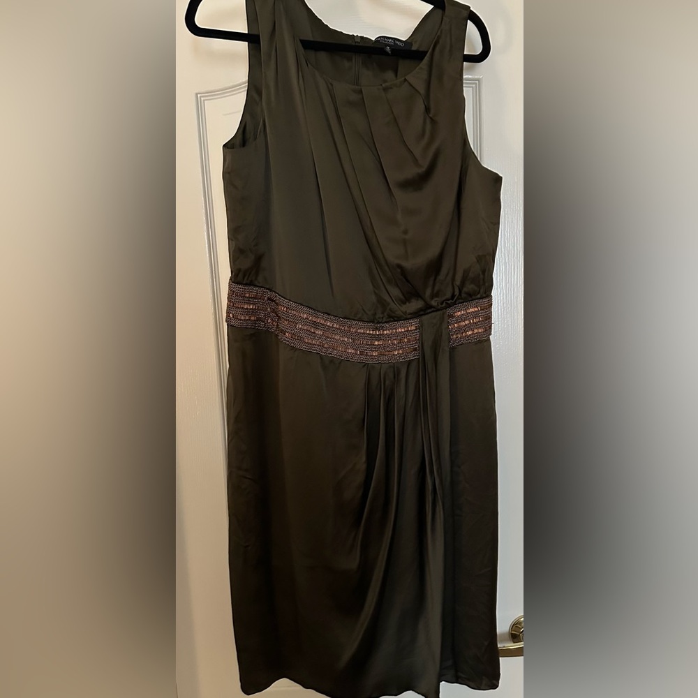 Carmen Marc Valvo Olive Dress with Bronze Detail - size 18